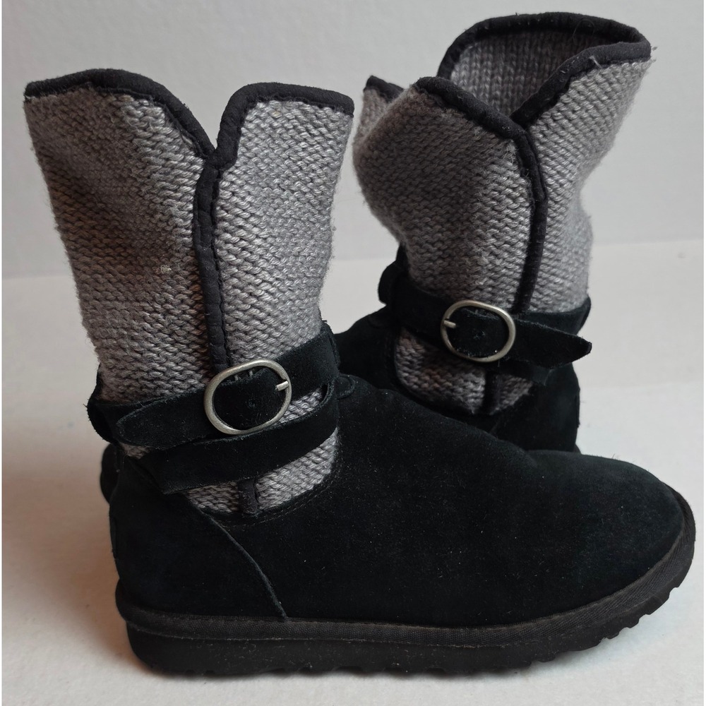 UGG Australia Lattice Cardy Black Suede Grey Knit Buckle Boots 1005391 Womens 6